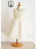 V Neck Pearls Beaded Champagne Tulle Dreamy Flower Girl Dress